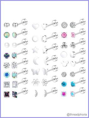 23 Pairs Hypoallergenic Titanium Stud Earrings 20G Flat Back